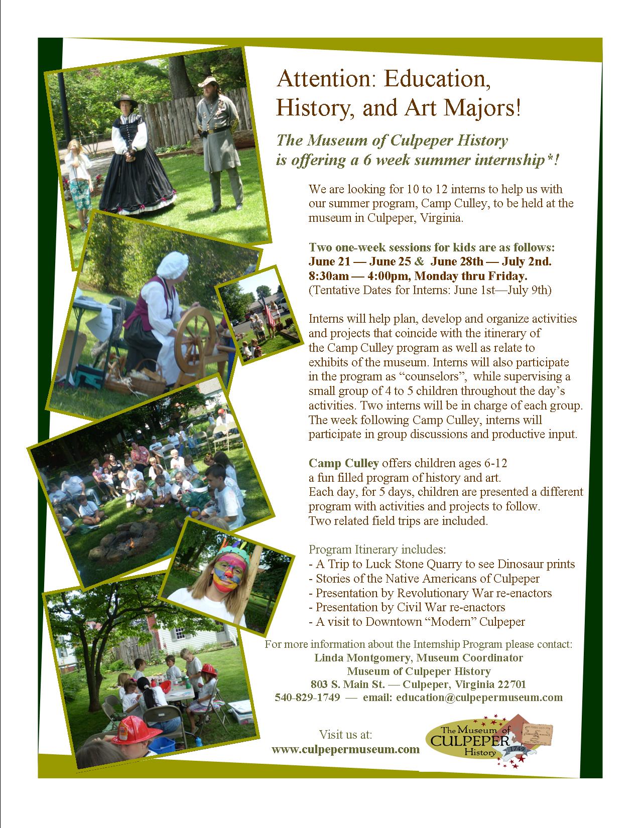 Summer Museum Internship History and American Studies