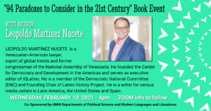 A flyer for the event with a headshot of Leopoldo Martinez Nucete.