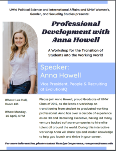 A flyer for the event with information and a photo of Anna Howell.