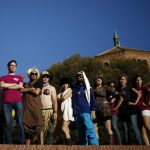 Second-year business school students make an orientation video for freshmen as new UCLA students move into campus residence halls in preparation for the new school year, in Los Angeles