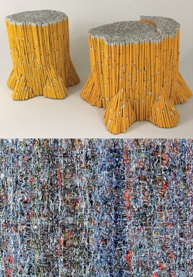 Image shows tree stumps made from pencils on top and a colorful collage of strips of paper and resin on the buttom