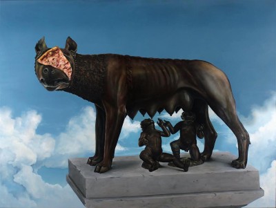 Painting shows Romulus and Remus and the wolf with a piece of pizza over its face