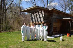 Group of UMW preservation students taking part in a wood conservation workshop at Frank Lloyd Wright's Pope-Leighey sponsored by the National Trust of Historic Preservation and the UMW Center for Historic Preservation.