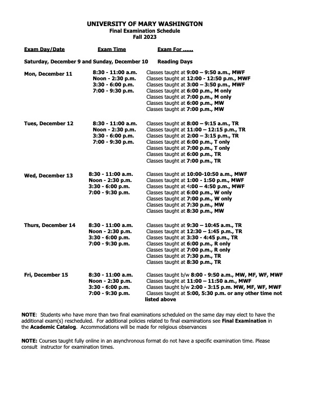 Fall 2023 Final Exam Schedule Fall 2023 Final Exam Schedule