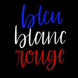 Calligraphic text in blue, white, and red reads bleu, blanc, rouge.