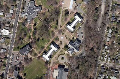 Aerial view of Monroe Hall and its environs