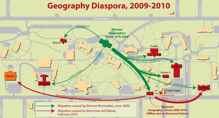 Map of Mary Washington Campus showing 2009-2010 diaspora of geographers