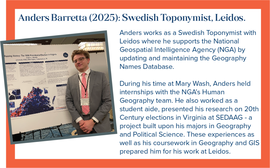 Anders works as a Swedish Toponymist with Leidos where he supports the National Geospatial Intelligence Agency (NGA) by updating and maintaining the Geography Names Database. During his time at Mary Wash, Anders held internships with the NGA's Human Geography team. He majored in both Geography and Political Science.