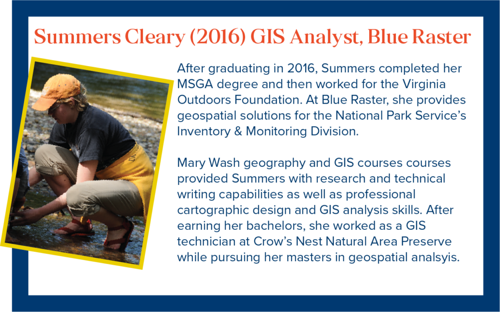 Summers is a GIS Analyst with Blue Raster. After graduating in 2016, Summers completed her MSGA degree and then worked for the Virginia Outdoors Foundation. At Blue Raster, she provides geospatial solutions for the National Park Service&rsquo;s Inventory & Monitoring Division. 
Mary Wash geography and GIS courses provided Summers with research and technical writing capabilities as well as professional cartographic design and GIS analysis skills. After earning her bachelors, she worked as a GIS technician at Crow&rsquo;s Nest Natural Area Preserve while pursuing her masters in geospatial analysis.