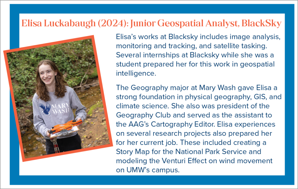 Elisa is a Junior Geospatial Analyst with BlackSky. Her work includes image analysis, monitoring and tracking, and satellite tasking. An internship at Blacksky while she was a student prepared her for this work in geospatial intelligence. The Geography major at Mary Wash gave Elisa a strong foundation in physical geography, GIS, and climate science. She also was president of the Geography Club and served as the assistant to the AAG&rsquo;s Cartography Editor. Elisa's experiences on several research projects also prepared her for her current job. These included creating a Story Map for the National Park Service and modeling the Venturi Effect on wind movement on UMW&rsquo;s campus.