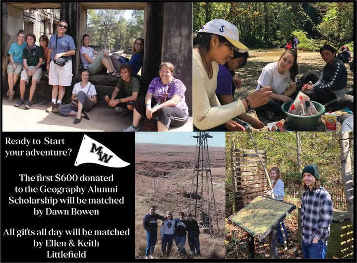 Collage of images showing Geographers out doing geography and raising funds for the Geography Department.