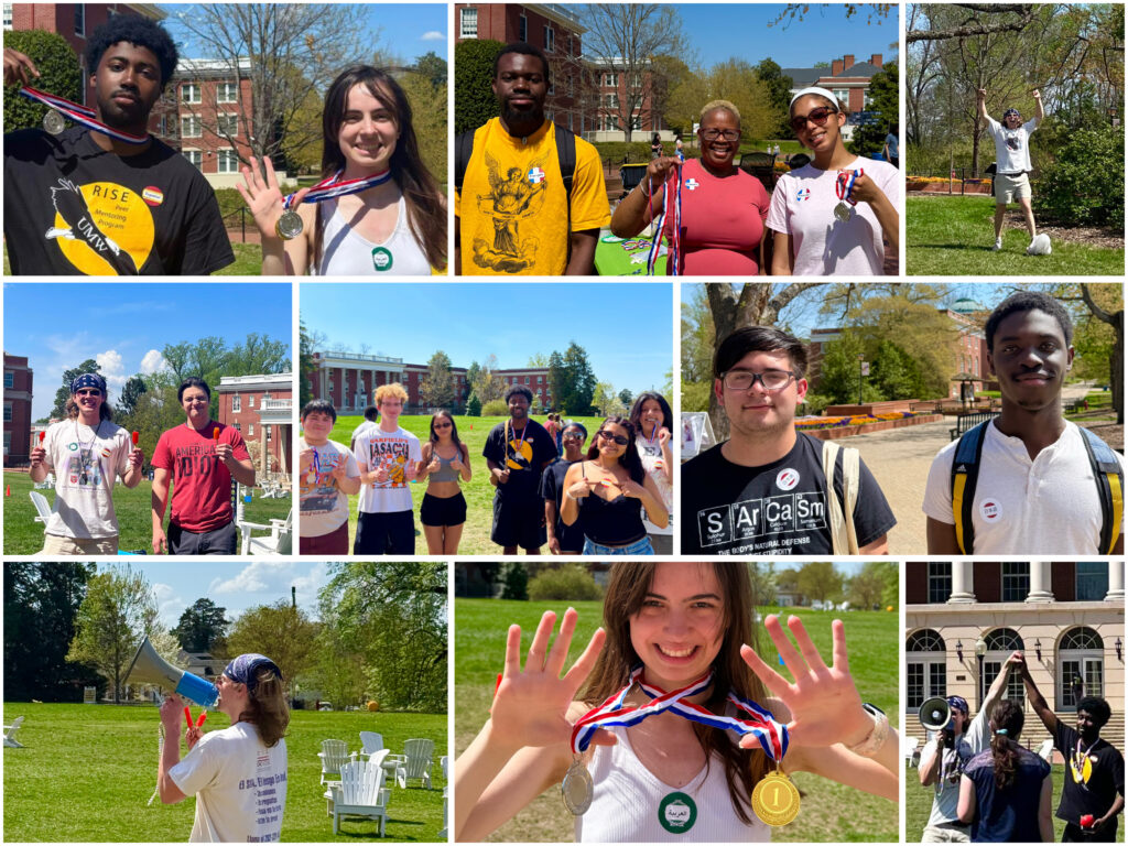 A collage of students showing off medals at an event on Ball Circle.