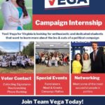 A flyer, which notes the flyer as paid for by Yesli Vega, is advertising for a political campaign internship for Yesli Vega including voter contact, special events, and networking.