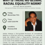 A flyer for a guest lecture with event info and a headshot of Amitav Acharya.