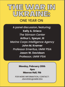 Flyer for the War in Ukraine Spring 2023 event. Information for the event is on the page.