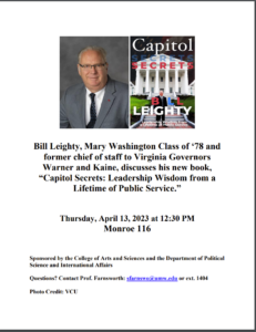 A flyer for the event with information with a headshot of Bill Leighty and a photo of his book.