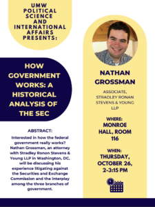 Flyer the event with information and a headshot of Nathan Grossman.