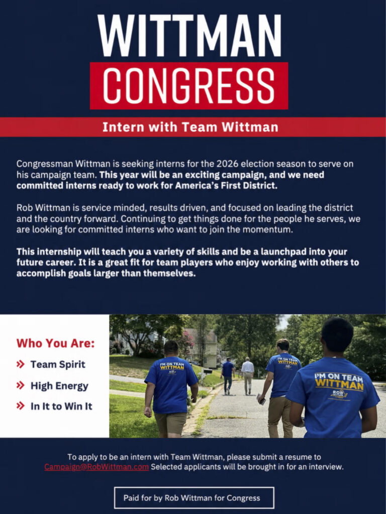 Flyer for Rob Wittman for Congress internship. Apply by sending a resume to Campaign@RobWittman.com